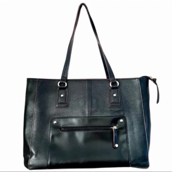 Emma Fox Park Avenue Black Leather Tote Laptop Work Bag Overnight Handbag - Picture 2 of 6